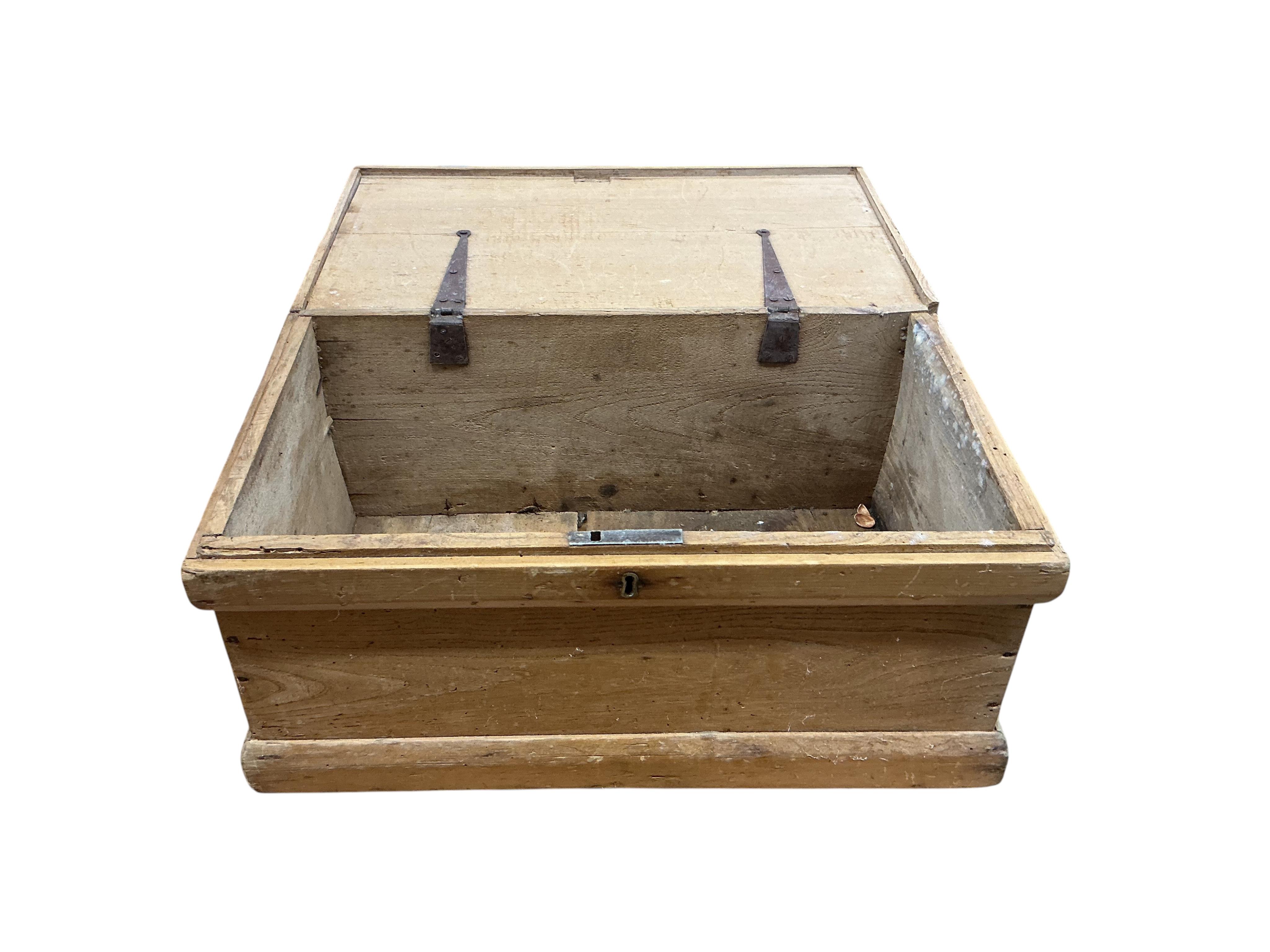 A small Victorian rectangular pine trunk, width 49cm, depth 29cm, height 22cm, together with two Provincial stools, a staved bucket and a measure